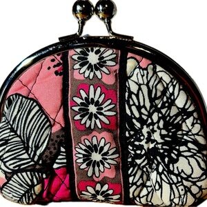 Vera Bradley~Mocha Rouge~Rare~Double Kisslock Coin Purse~Brown-Pink-White- Black